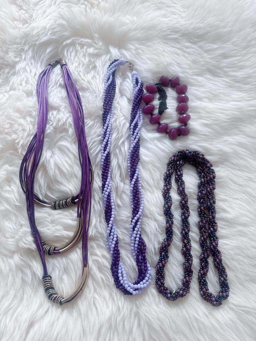LOT of 4 Purple Beaded & Cord Necklace Set